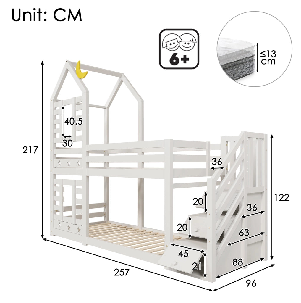 Letto a castello a casetta con cassetti e scala contenitore; 90x200 cm; bianco