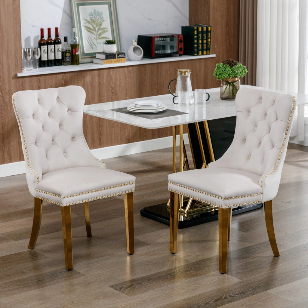 Sedie da Pranzo Imbottite in Velluto con Gambe Dorate ¨C MINIMAL ¨C Set 2 Pezzi, Beige e Oro