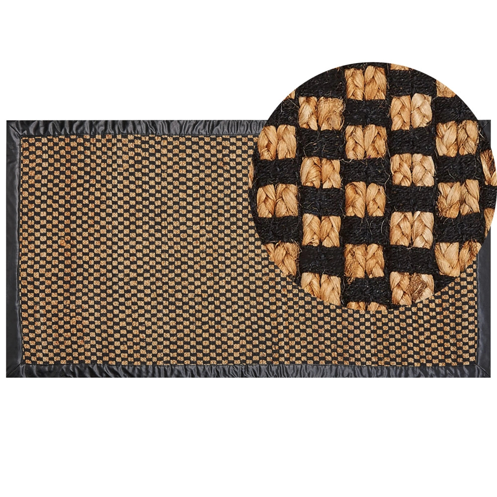 Tappeto in iuta e pelle rettangolare con motivo a scacchi intrecciato a mano nero e beige 80 x 150 cm stile rustico