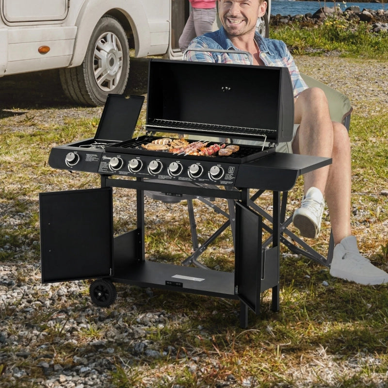 Griglia a gas con 7 bruciatori, termometro incluso, barbecue, griglia portatile, nera