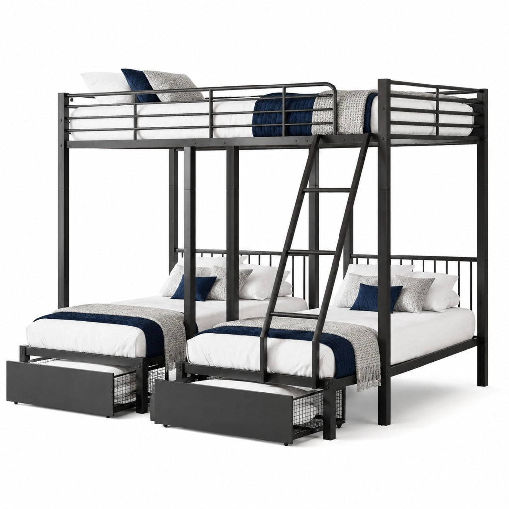 Letto a castello triplo in metallo con cassetti estraibili, trasformabile in 3 letti separati 140 x 200 e 90 x 200
