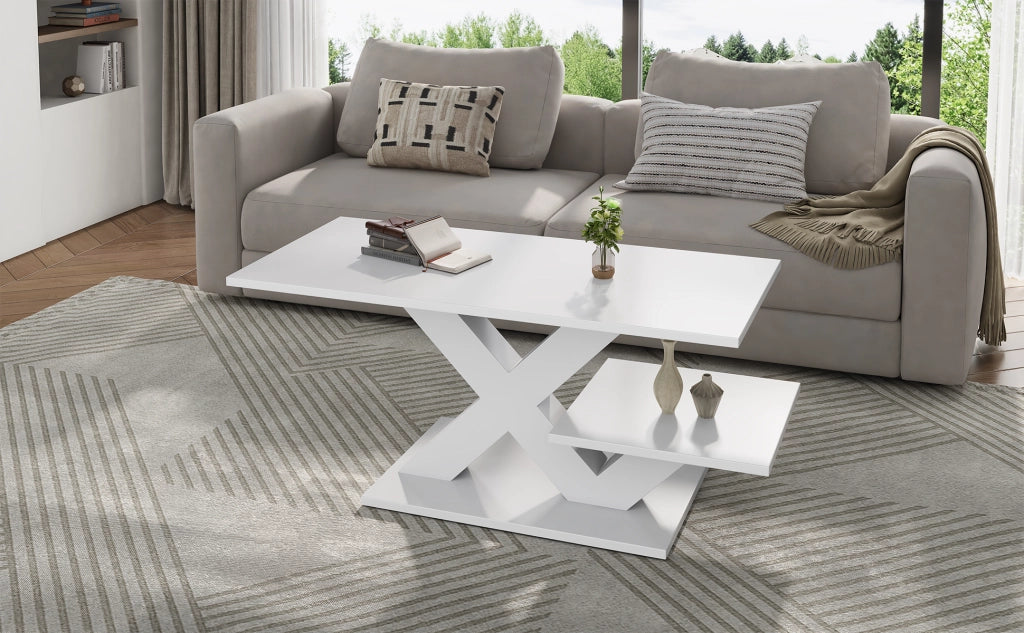 TAVOLINO Rettangolare 100x48x45 cm Bianco Lucido in MDF con gambe X
