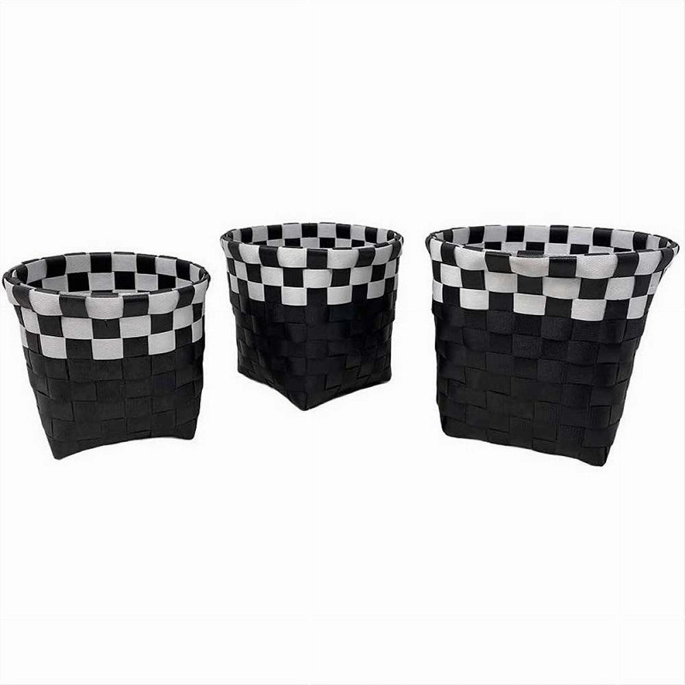 Trade Shop - Set 3pz Cestini Porta Oggetti Organizer Tessuto Bagno Rotondi Nero Bianco 59073 -
