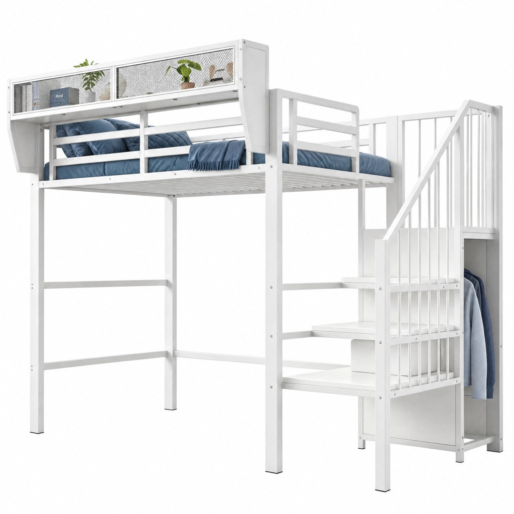 Letto a soppalco 90x200 cm in metallo e MDF; con LED; scala di sicurezza; bianco