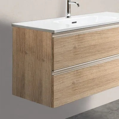 Mobile bagno sospeso 100 cm rovere miele con lavabo e specchio tondo Master