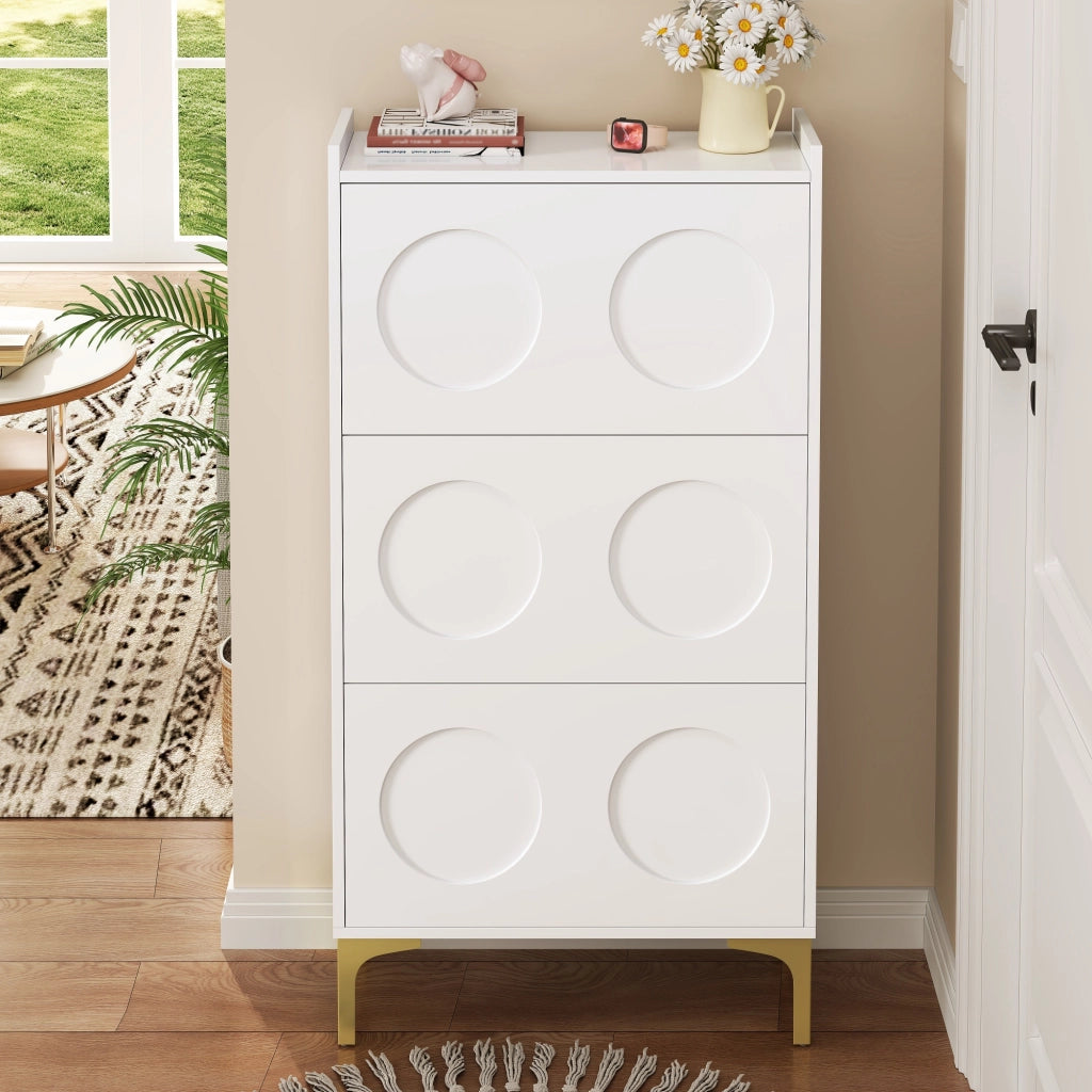 Scarpiera con 3 Scomparti e 6 Elementi in Rilievo; Piedini in Metallo Dorato; Stile Moderno; in MDF; Bianco; 63×24×120 cm