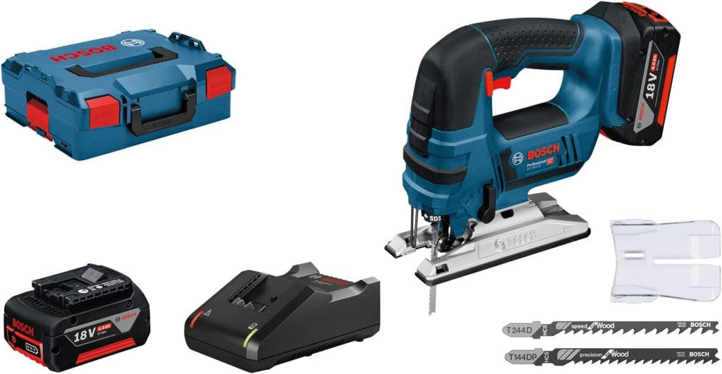 Bosch Professional 06015A6101 Seghetto Alternativo, Profondità: Legno/Alluminio/Metallo: 120/20/8 mm, 3 Lame, Protezione, Senza Batterie, in L-Boxx, 0 W, 18 V, Blu, Versione con Staffa