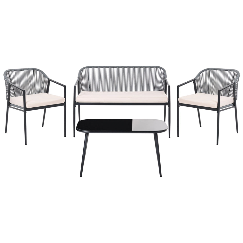 Set da Giardino Nero in Rattan PE 4 Posti Cuscini in Tessuto con Rivestimenti Sfoderabili Struttura in Acciaio Poltrone Divano Tavolino Moderno Arredo da Esterno
