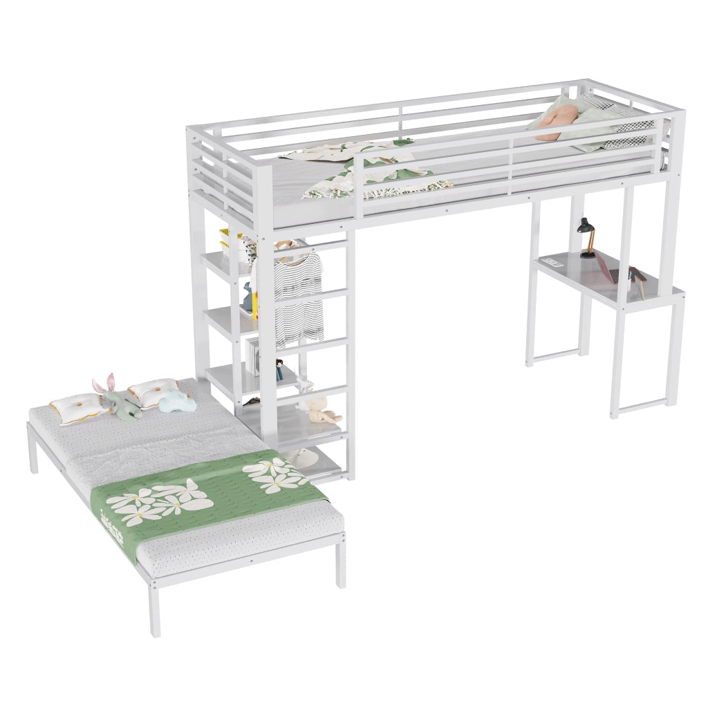 Letto a soppalco per bambini 90x200 cm con scrivania; presa; 4 ripiani e guardaroba; MDF e metallo bianco