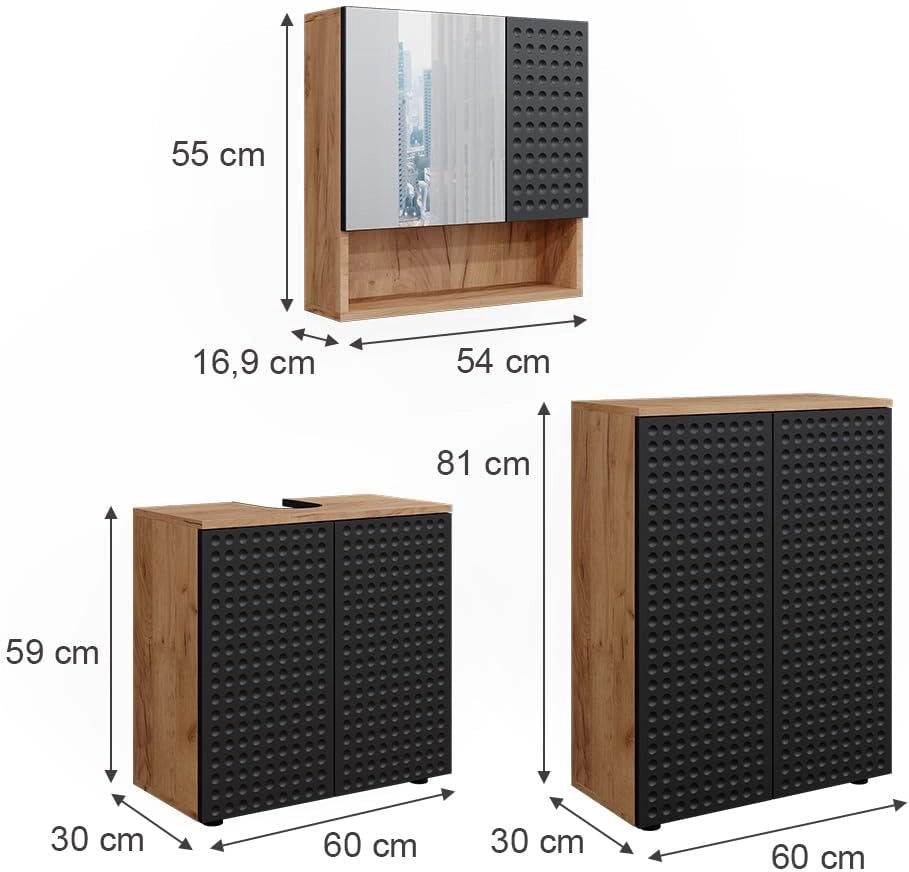 Set mobili bagno Irma, Antracite puntinato, 3 parti, con unità di base 60 cm, composto da mobile sottolavabo, specchiera e mobile medio