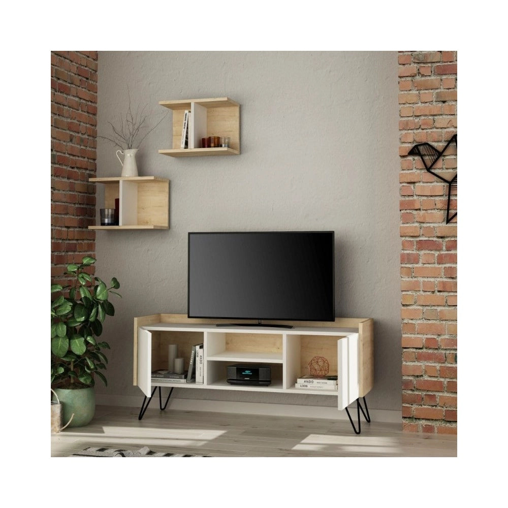Mobile porta Tv 2 ante Klappe 125,5x33x56,5 bianco e struttura rovere