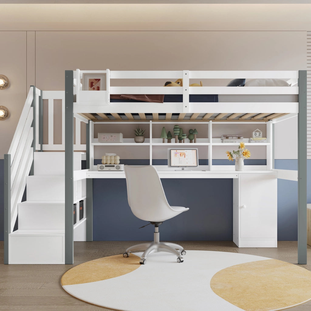 Letto a Soppalco 90x200 cm - Scala Laterale; Scrivania; Libreria e Armadio - Bianco