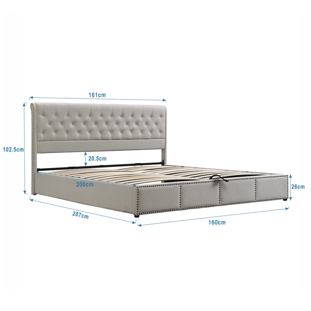 Letto imbottito in lino 160x200 cm con contenitore; rete a doghe; senza materasso; grigio