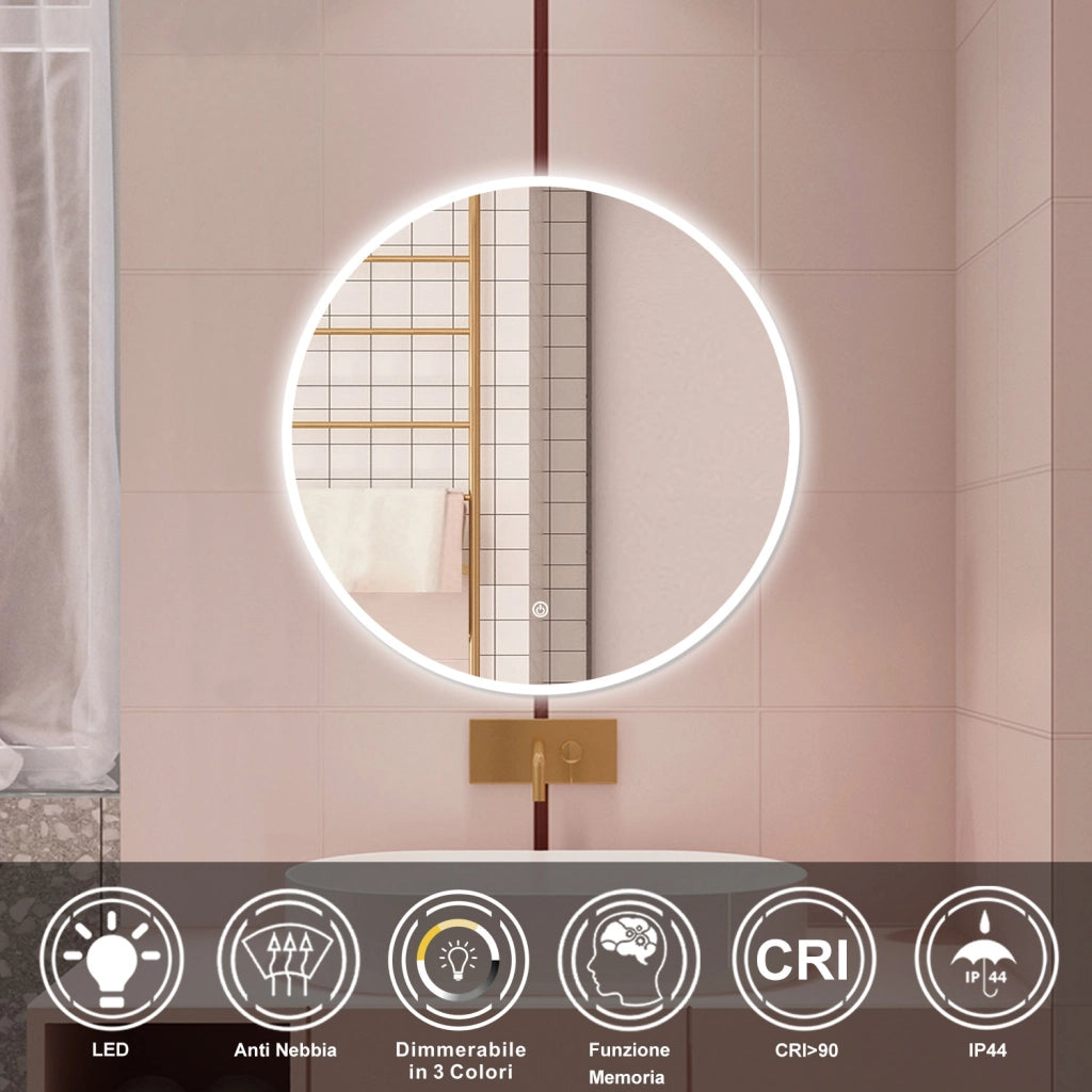 AICA Specchio da bagno 60 x 60 cm, 3 colori, antiappannamento, dimmerabile, interruttore touch, Funzione Memoria