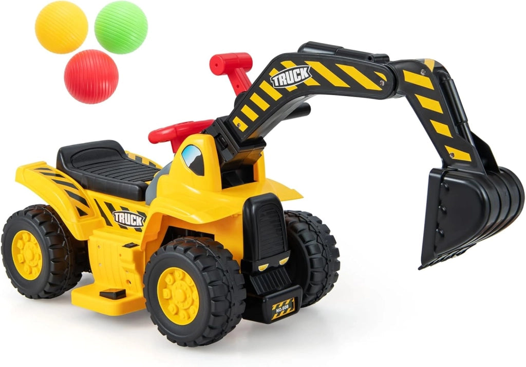 Escavatore Elettrico per Bambini, Ruspa con Vano Clacson ed Effetti Sonori, Canestro da Basket Pieghevole e 3 Palline, Giocattolo per Scavare per Bambini 2 Anni +