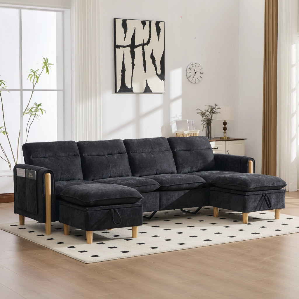 Divano modulare a U con 2 pouf contenitore 4 posti in chenille con gambe in legno nero 261 × 77 × 86 cm