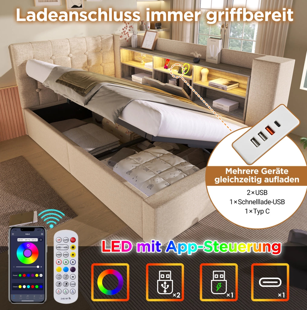 Letto singolo 90x200 cm con contenitore idraulico; LED e porte USB; lino beige