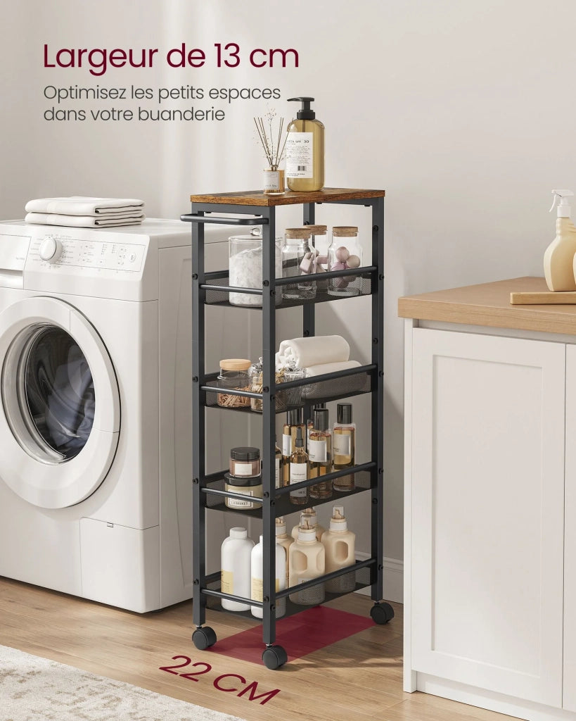 Carrello di servizio ripiano portaoggetti mobile design sottile ruote girevoli a 360° struttura in metallo per cucina soggiorno ufficio marrone 12_0005287