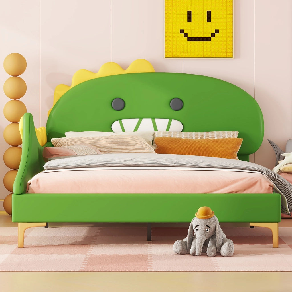 Letto per bambini 140x200 cm a forma di dinosauro; PU verde