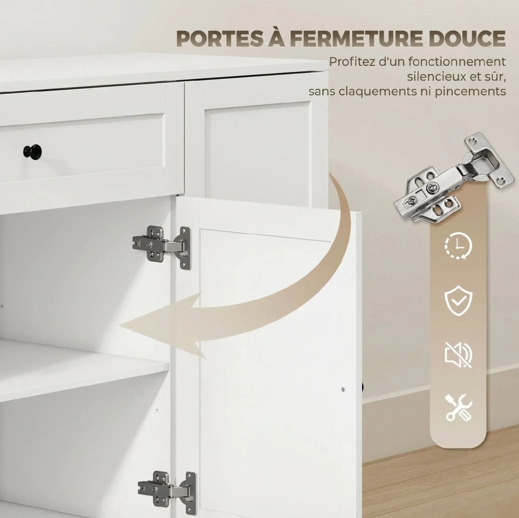 Buffet bianco 140 cm con 4 ante, cassetto e ripiani regolabili in MDF e truciolato