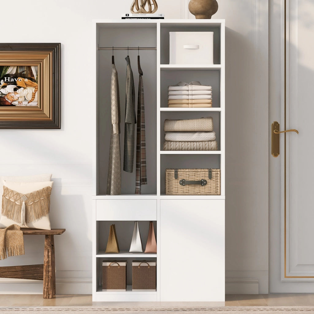Armadio con cassetti, ripiani aperti e barra appendiabiti per camera da letto, in MDF bianco, 70 × 50 × 170 cm