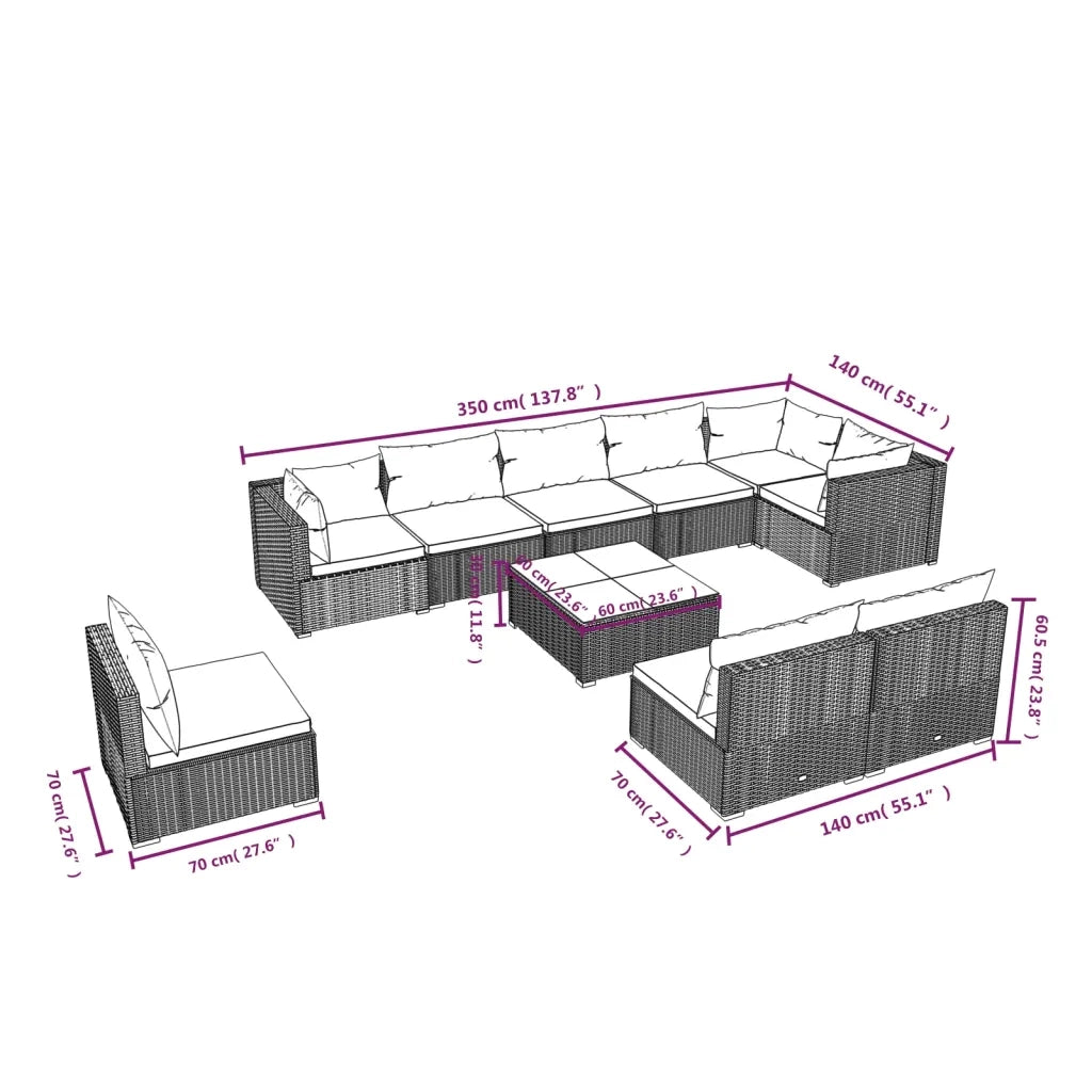 Set Divani da Giardino 10 pz con Cuscini in Polyrattan Marrone 3102571