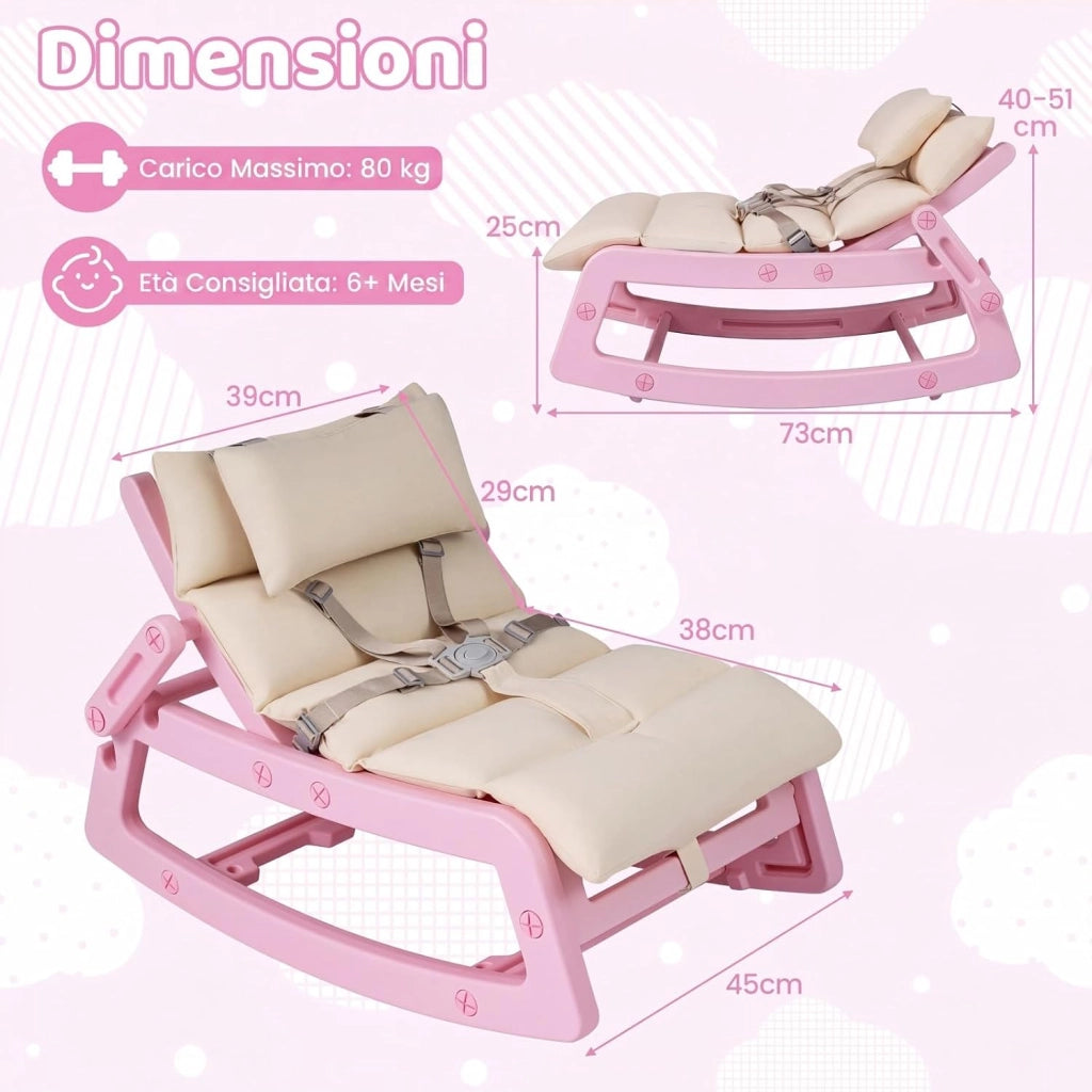 Sedia a Dondolo Bambini, Schienale Regolabile, con Cucino (Rosa) | Sdraietta a Dondolo, Poggiatesta Rimovibile e Cintura 5 Punti, Portata 80 kg, per Bambini 6+ Mesi