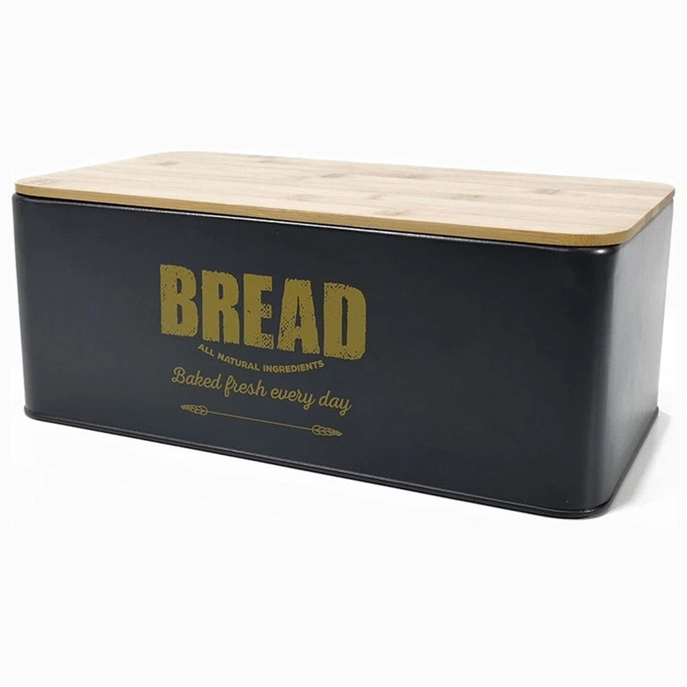 Trade Shop - Contenitore Portapane Vintage Nero Coperchio Tagliere In Legno Latta Alimenti -