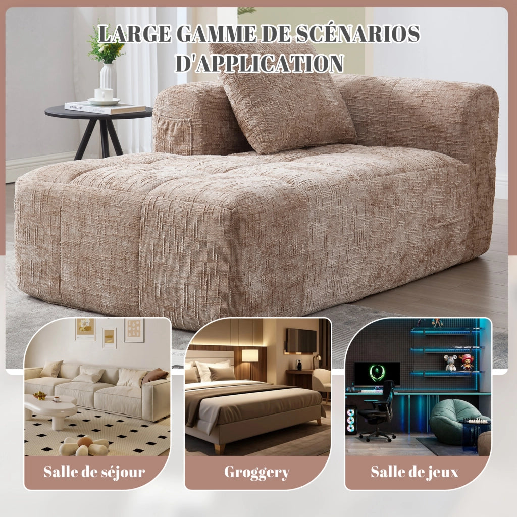 Chaise longue imbottita in chenille color khaki; 158 x 90 x 60 cm; con tasche laterali e cuscino