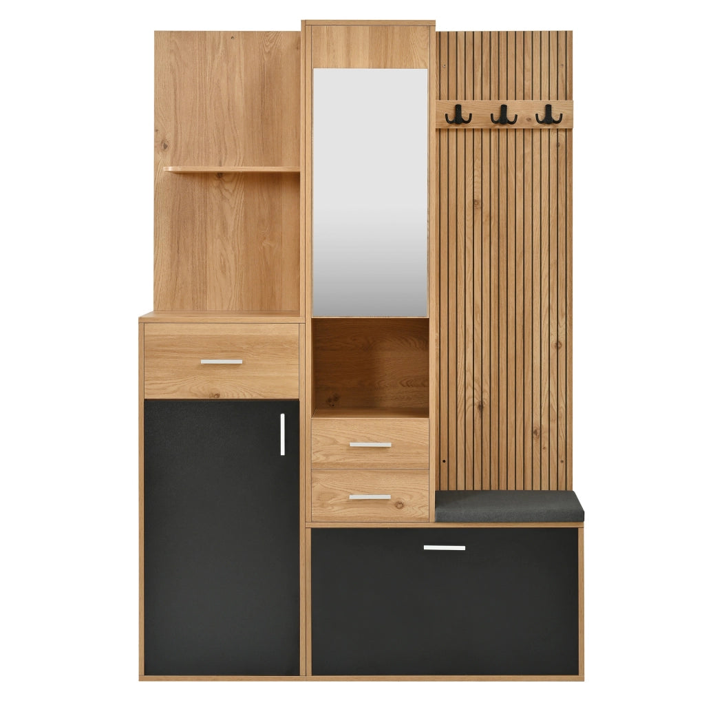 Garderoba da ingresso 120x32x178 cm con specchio; panca e illuminazione LED in MDF; nero e naturale
