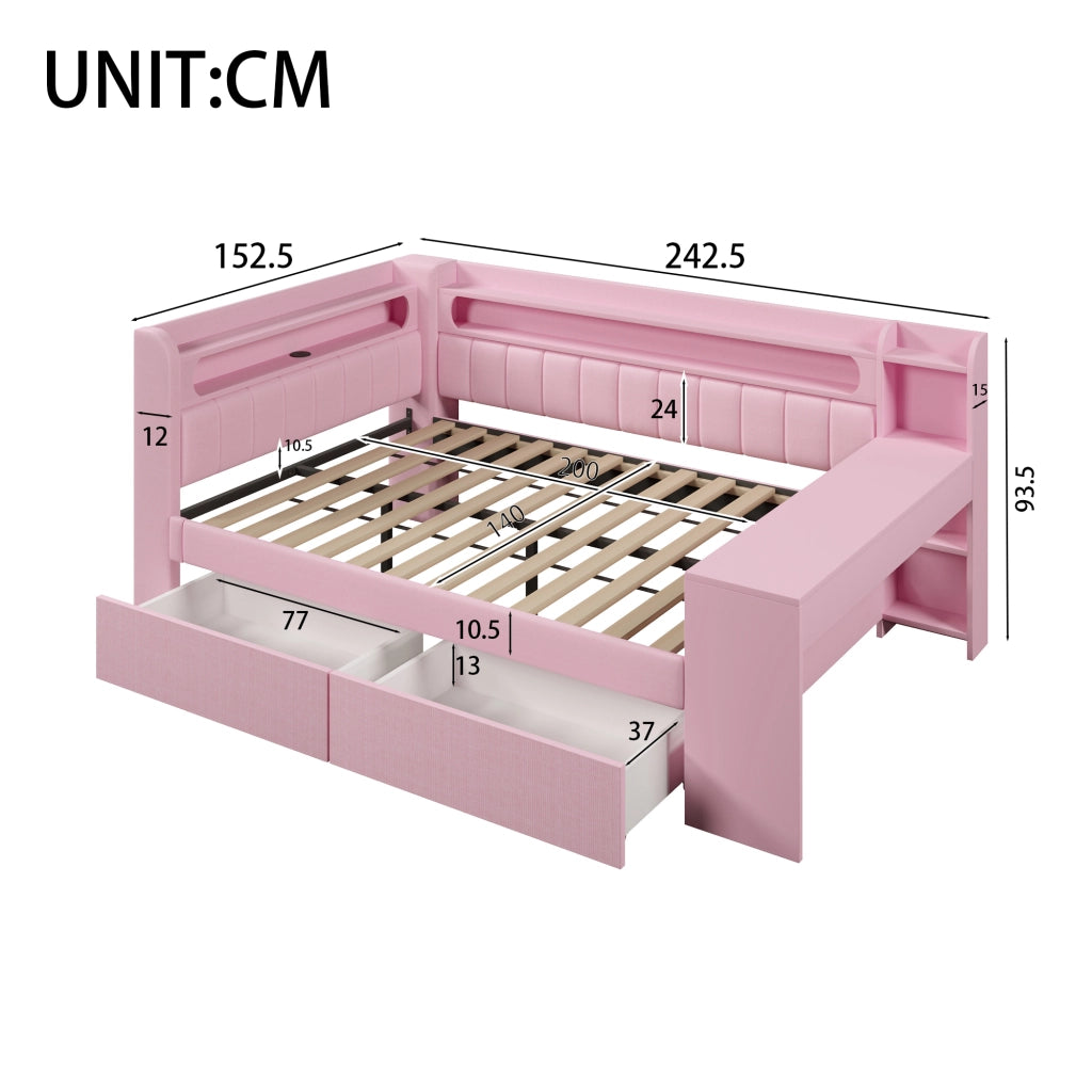 OKWISH Letto Divano 140 x 200 cm, Letto Matrimoniale con 2 Cassetti, USB, LED e Scrivania, senza Materasso, Rosa