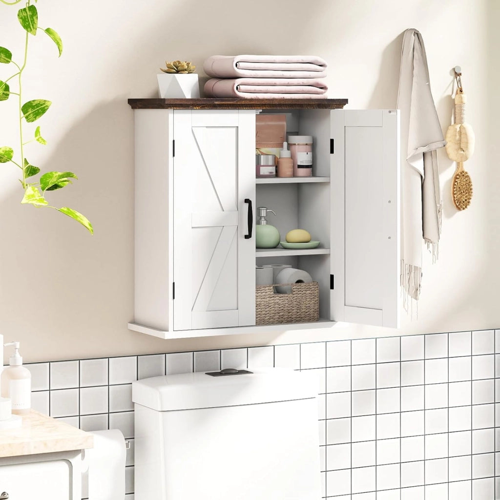 Mobile da Parete per Bagno, Mobiletto Salvaspazio Farmhouse per Farmacia con 2 Ante e Ripiani Regolabili, Specchio Contenitore per Soppalco Sopra il WC per Cucina, Lavanderia e Ingresso