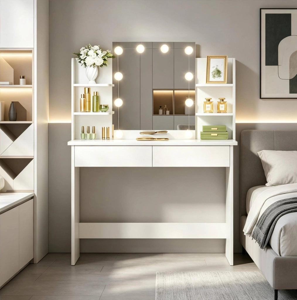 Tavolo da trucco con specchio LED e ampio spazio contenitivo