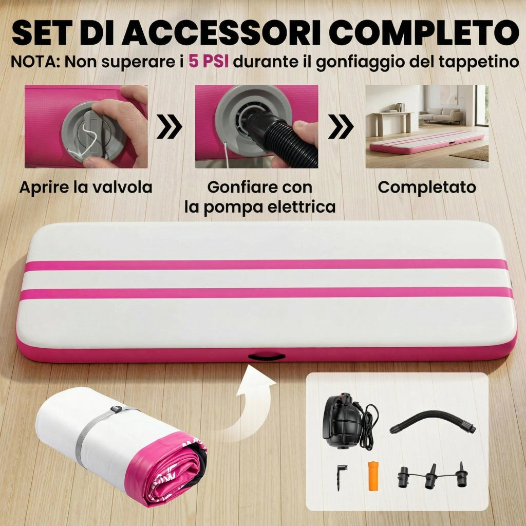 Tappetino Gonfiabile Ginnastica 305x102x10 cm con Pompa Elettrica e Borsa Trasporto in PVC Rosa