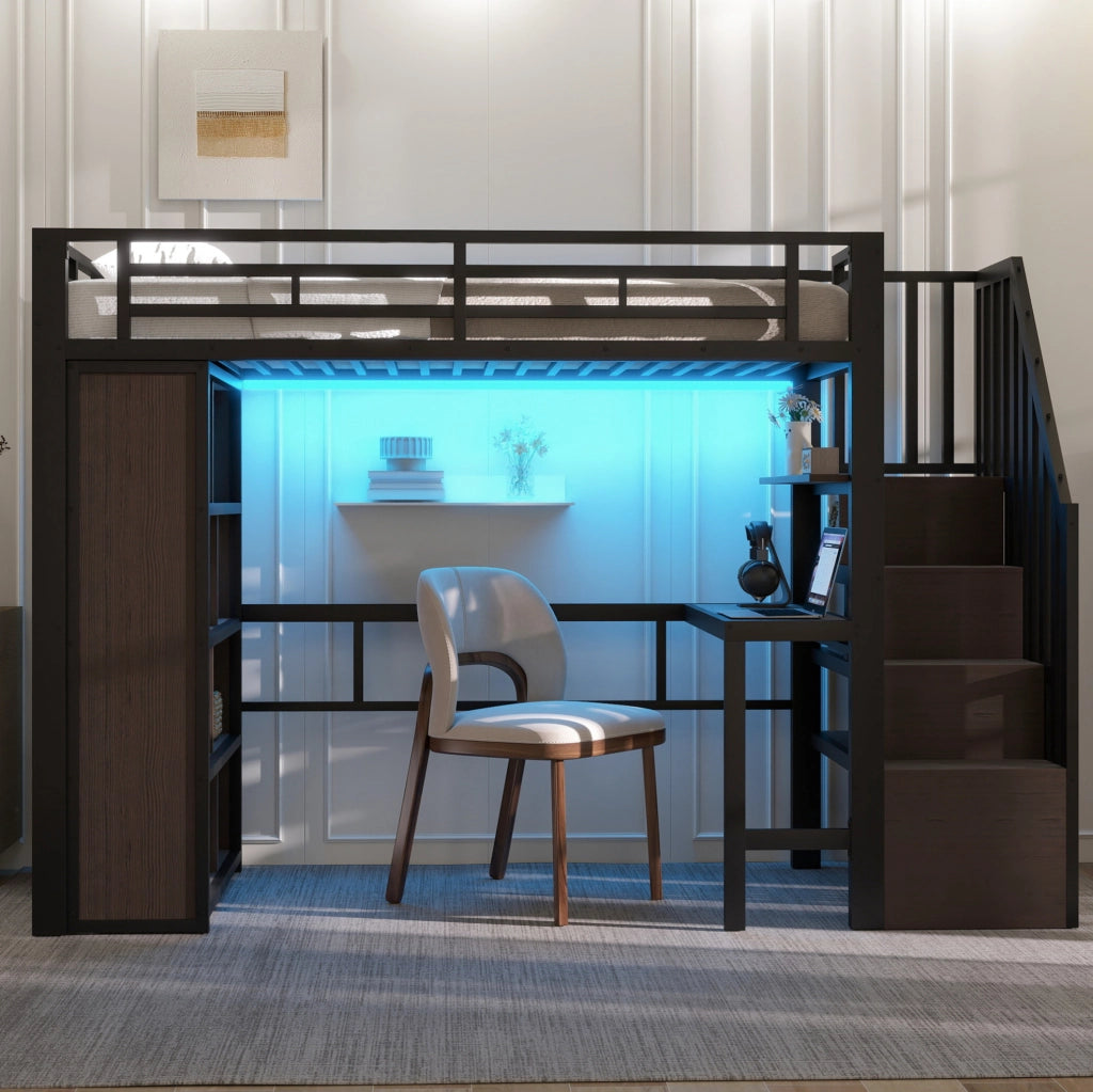 Letto a soppalco ULEVR 90x200 cm con scrivania, scaffali, gradini contenitore e LED controllabile via app, nero