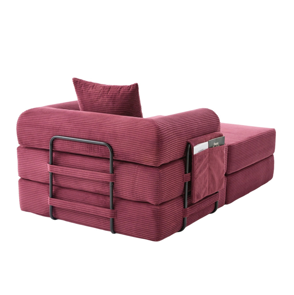 Divano modulare in velluto a coste bordeaux 112x190x67 cm con pouf; cuscino e tasca laterale