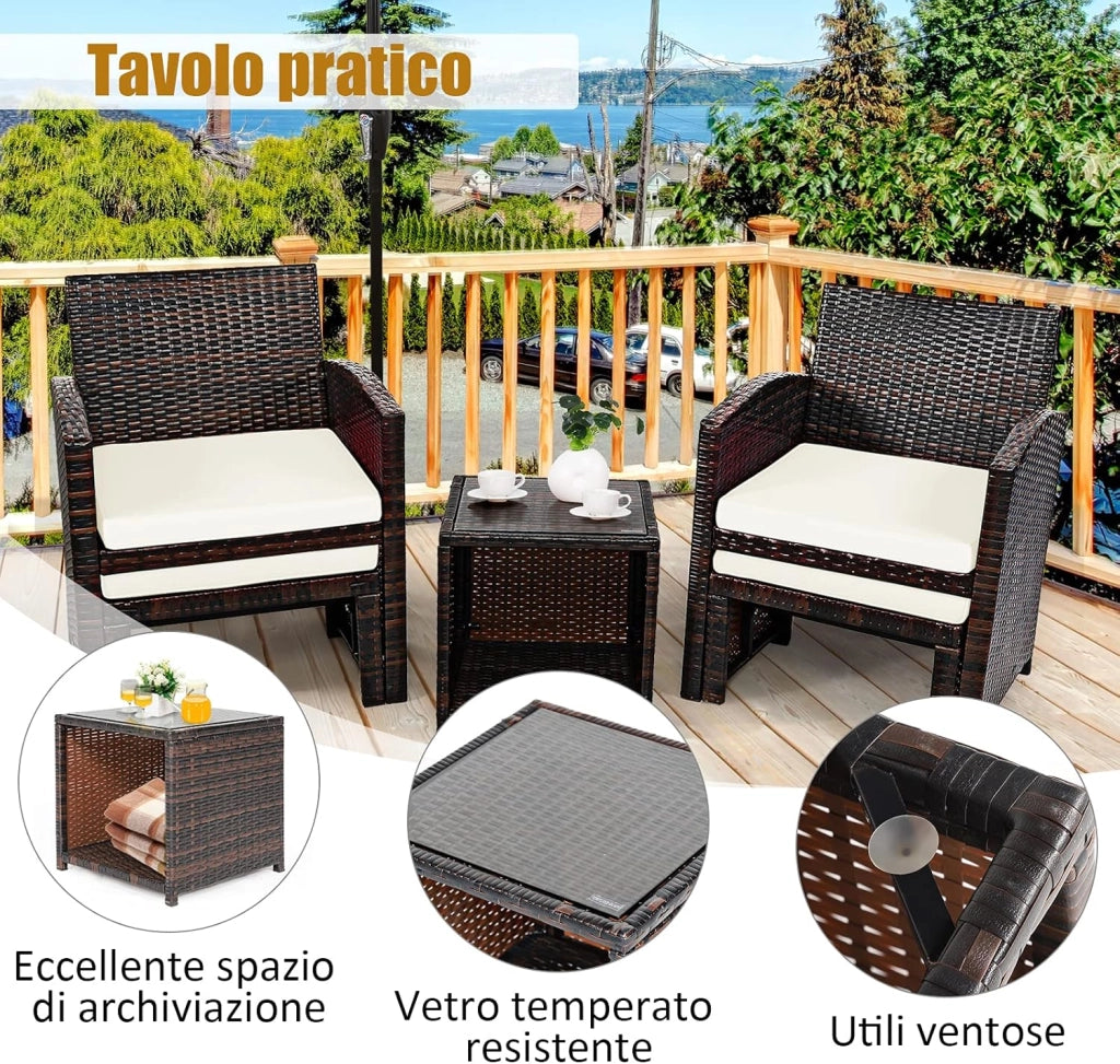Set di 5 Mobili in Rattan, Set Conversazione da Esterno con Sedia e Ottomana e Tavolino da Caffè in Vetro Temperato, Braccioli Imbottiti, Perfetto per Giardino Cortile Piscina (Bianco)