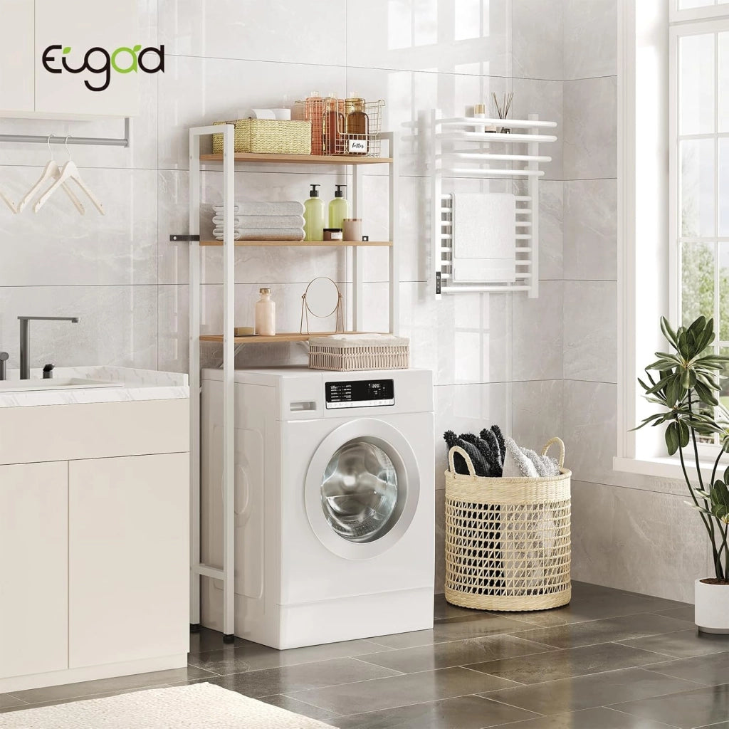 Mobile Sopra Lavatrice a 3 Ripiani, Scaffale Coprilavatrice Salvaspazio, Organizer da Bagno Portaoggetti, Mobiletto Sopra WC in Legno e Metallo, Rovere Chiaro e Bianco, 67x20x164cm