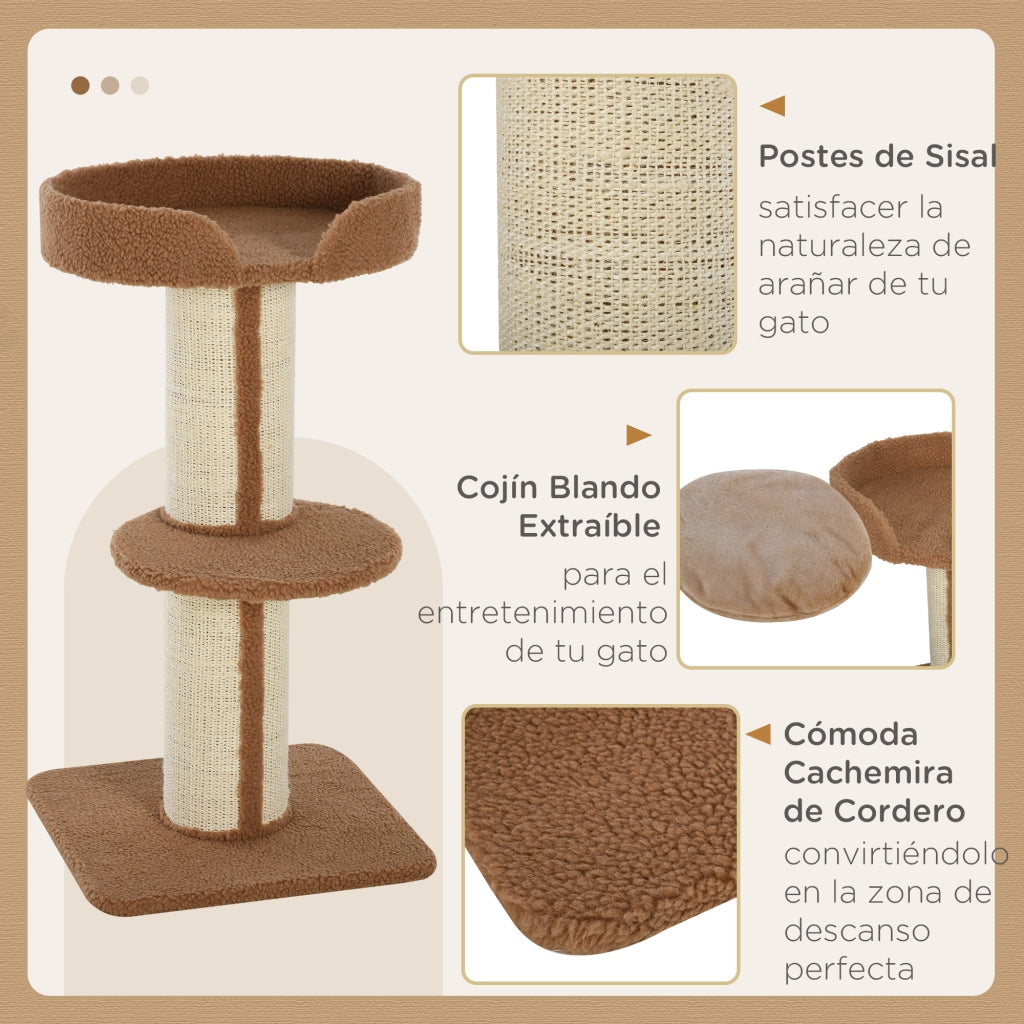 Albero per gatti a 3 livelli con piattaforma e palo in sisal ¨C zephmum ¨C 45x45x91 cm marrone chiaro
