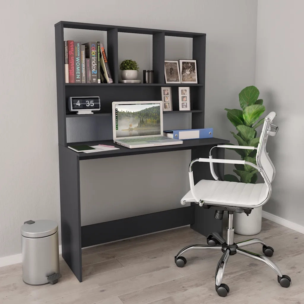 Scrivania | Tavolo da Ufficio con Mensole Grigia 110x45x157 cm in Legno Multistrato
