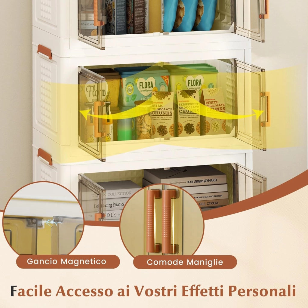 Contenitori Pieghevoli con Coperchio, Set da 4/3 Scatole di Plastica Impilabili con Ruote, per Organizzatore di Armadio con Porte a Apertura Frontale, Multiuso (62,5 x 34,5 x 130,5 cm)