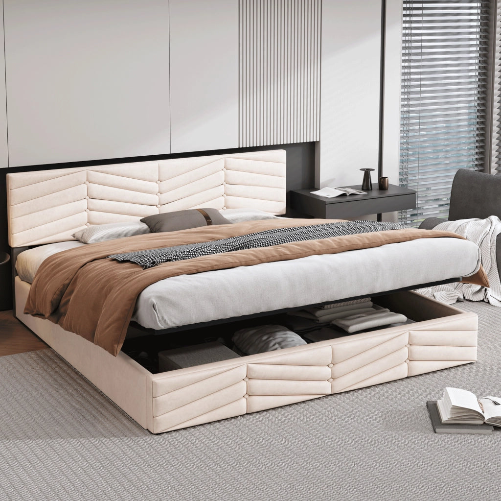 Letto matrimoniale contenitore in velluto beige 180x200 cm
