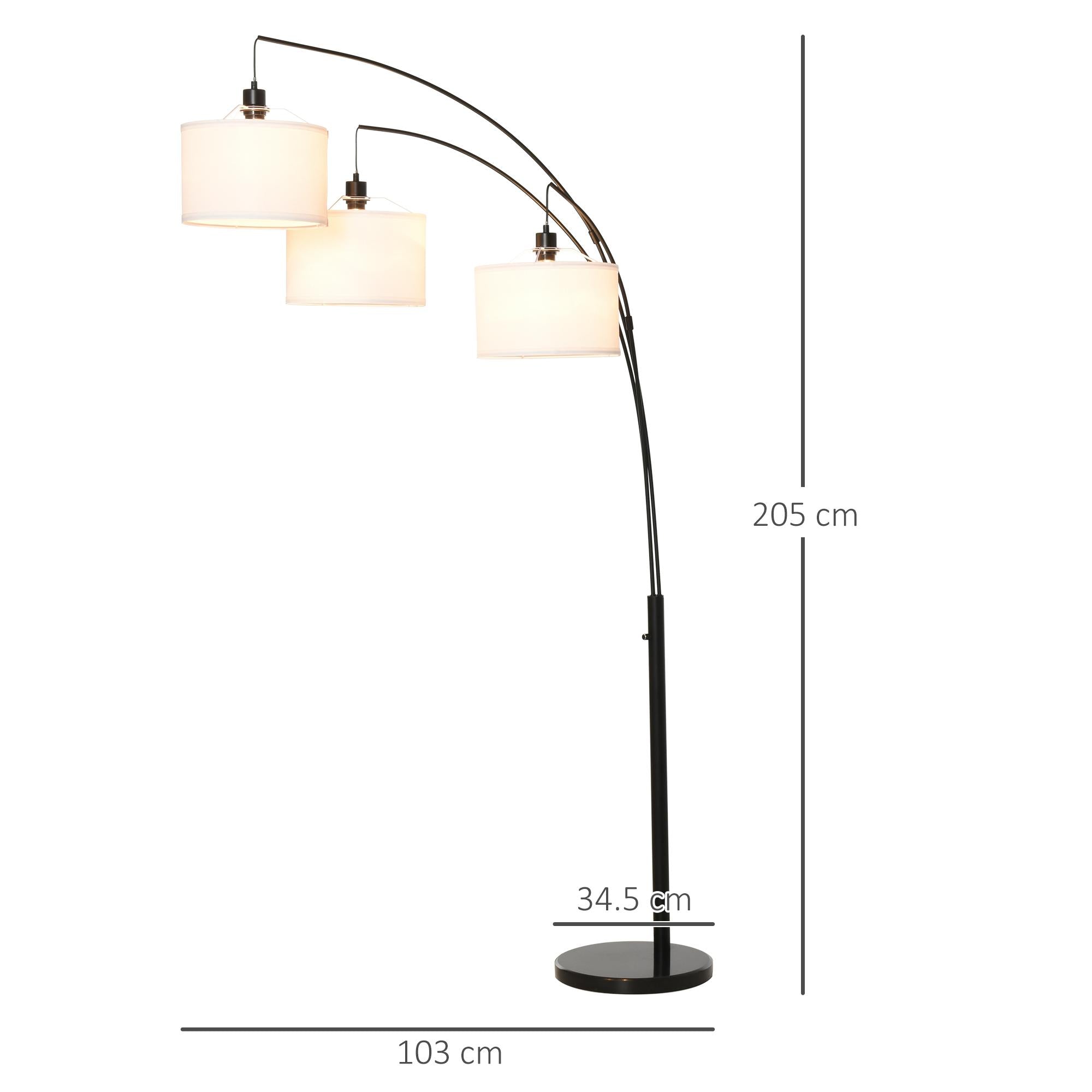 Lampada da Terra con 3 Paralumi E27 H205 cm in Metallo Nero e Bianco