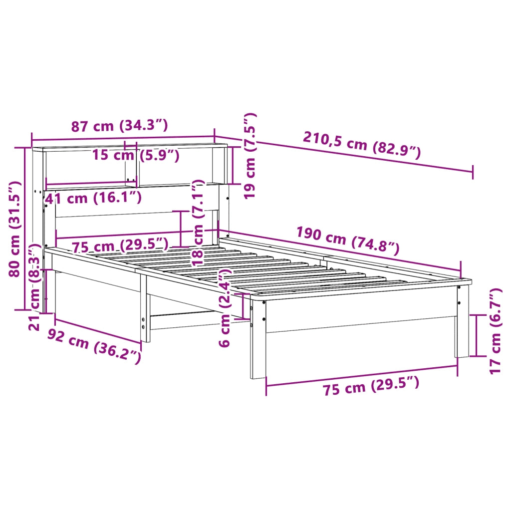 Giroletto con Libreria senza Materasso 75x190 cm in Legno Pino 855735