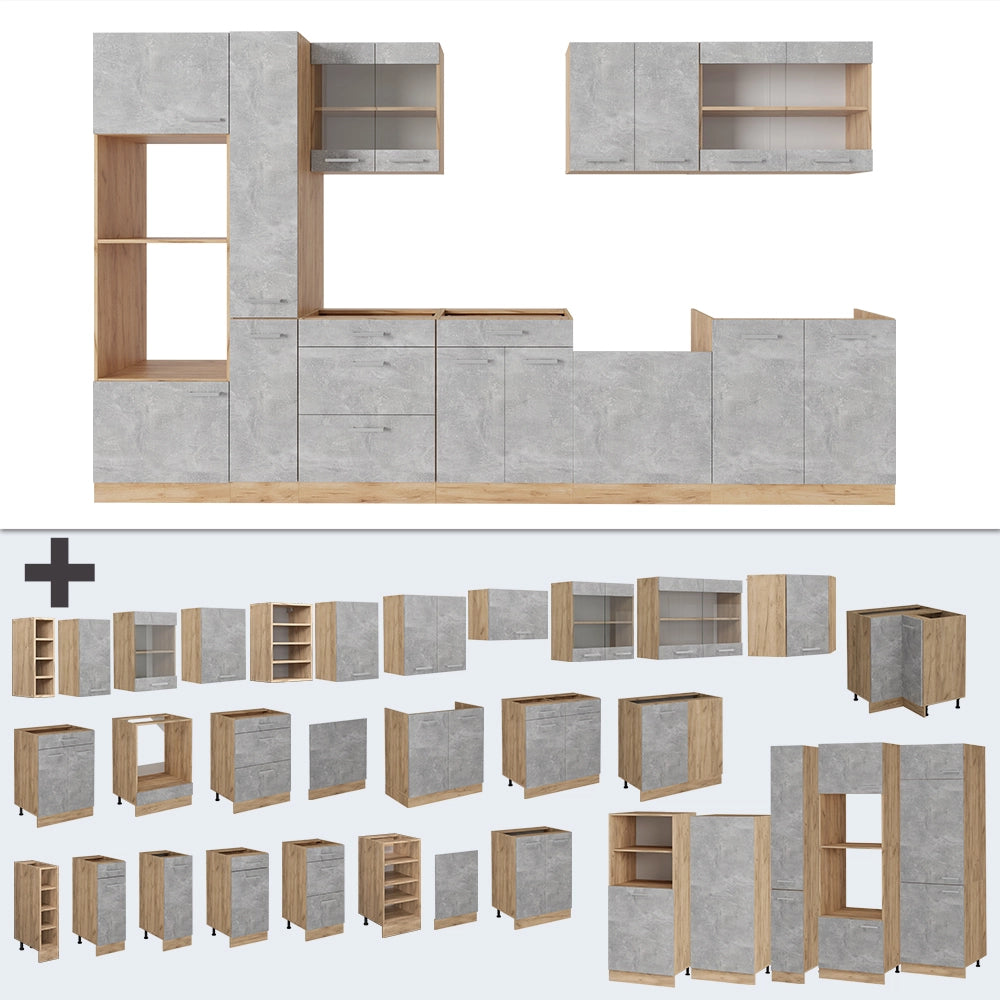 Vicco Cucina completa  Calcestruzzo/quercia dorata 350 cm , PL Rovere
