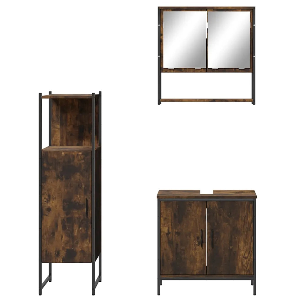Set Mobili da Bagno 3 pz Rovere Fumo in Legno Multistrato