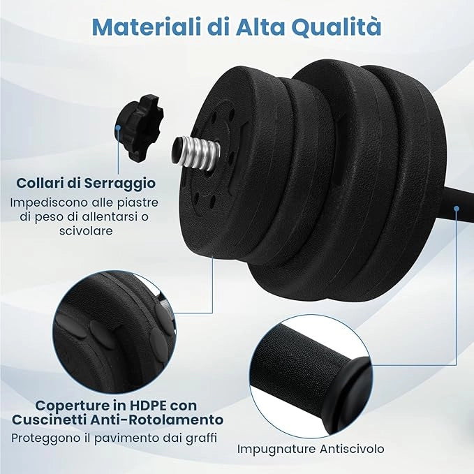 Set di Manubri Regolabili da 2 Pezzi, Peso Totale 30 Kg, Bilanciere da Palestra con Barra di Collegamento e Copertura Protettiva in Gomma, Attrezzature per Allenamento a Casa