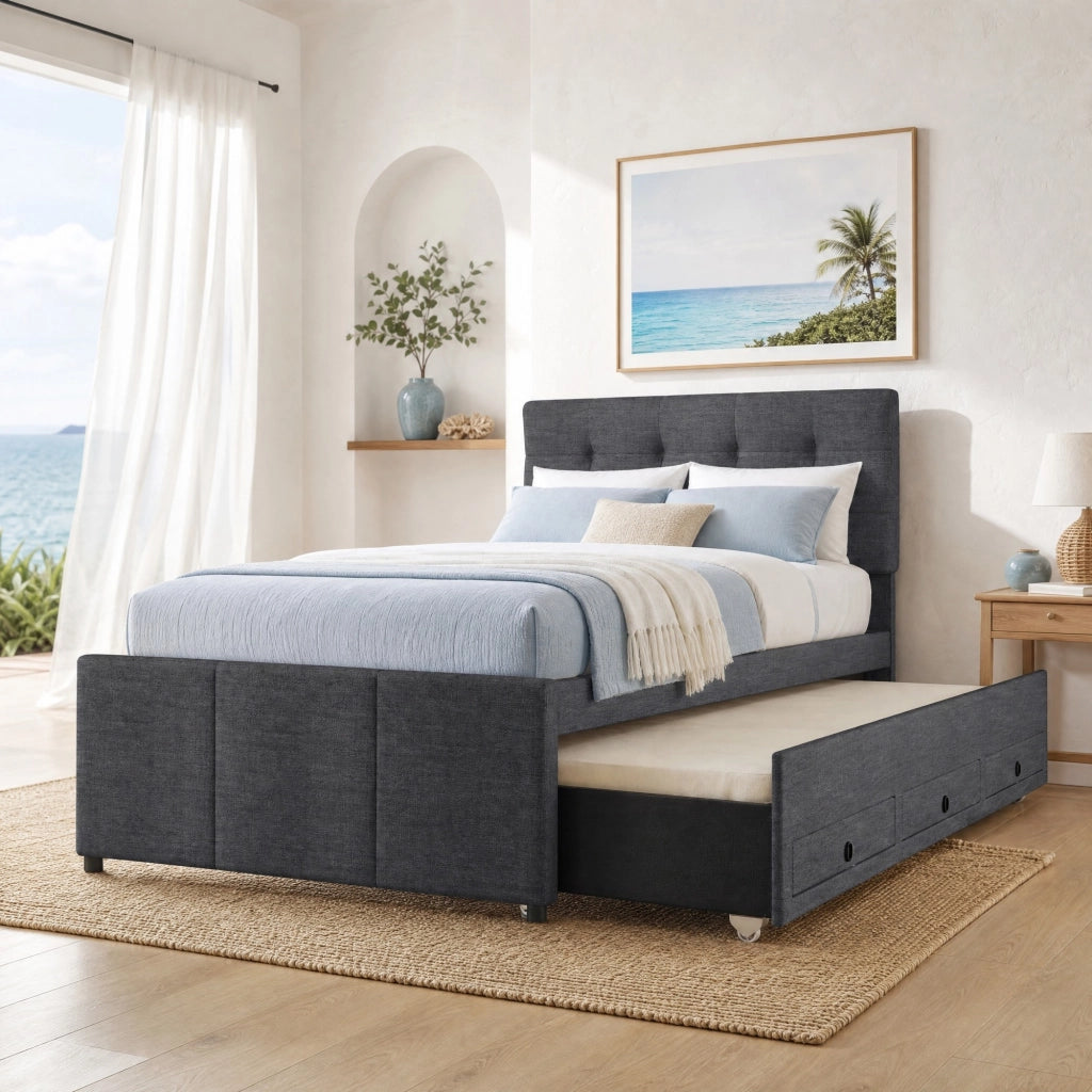 LETTO imbottito estraibile 90x200 cm grigio in lino con 3 cassetti