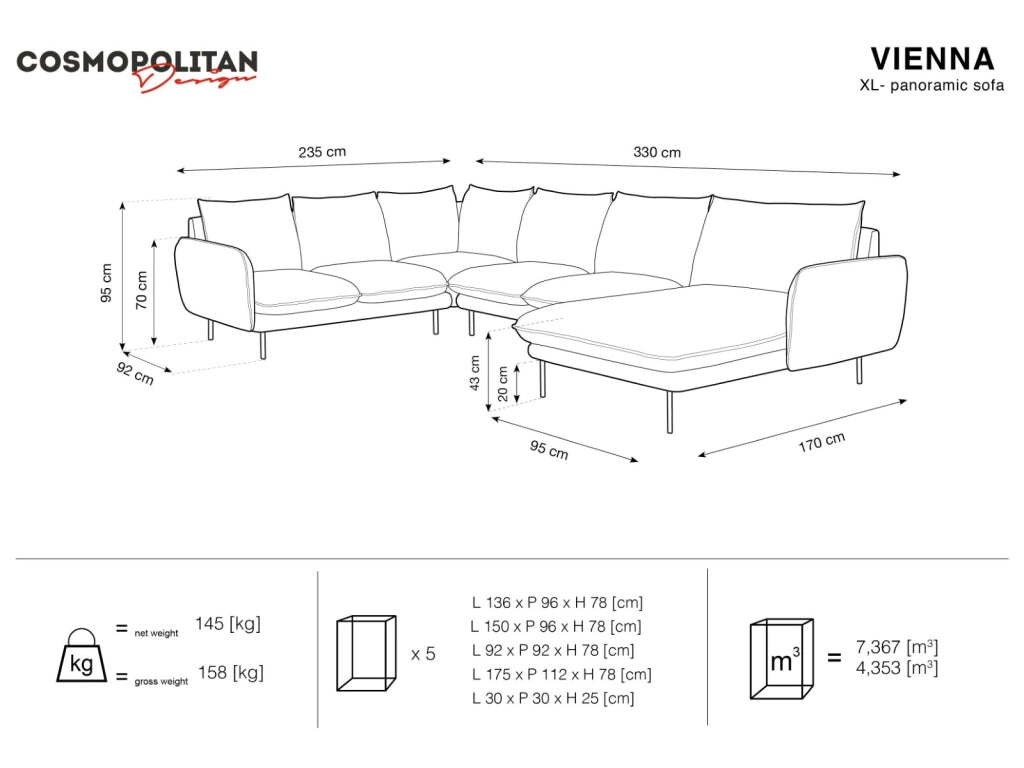 Cosmopolitan Design - Divano panoramico sinistro "Vienna" 7 posti in velluto grigio scuro 