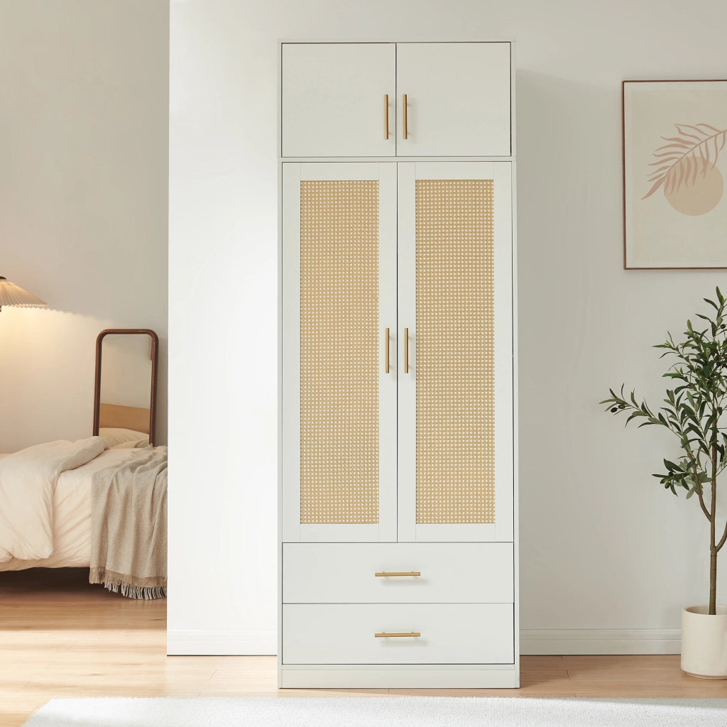 Armadio da Guardaroba Larundi con 4 Ante e 2 Cassetti 216 x 80 x 52 cm - Bianco/Effetto Rattan [en.casa]